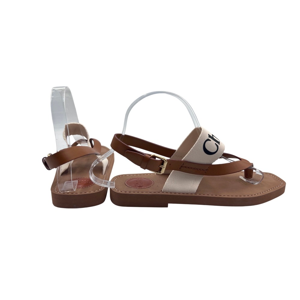 Chloe Woody Sandals Womens 39 Brown Excellent Leather Canvas Slingback Thong - Picture 2 of 6